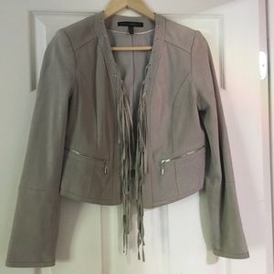 WHITE HOUSE BLACK MARKET Grey suede fringe jacket